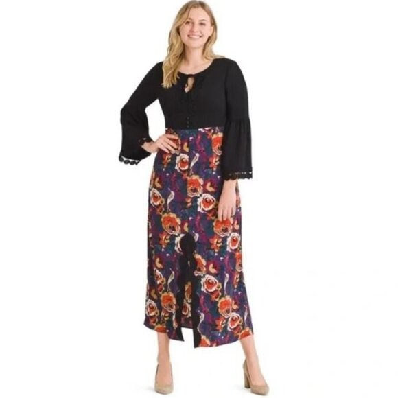 Modcloth x Anna Sui Size 12 Retro Bell Sleeve Floral Birds Front Slit Maxi Dress - Picture 1 of 9